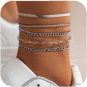 Ankle Bracelet for Women Girls Sterling Silver Ankle Bracelet Set 5PCS Waterproof Anklets Chain Non Tranish Summer Beach Jewelry for Women Anklets Gift for Teen Girls
