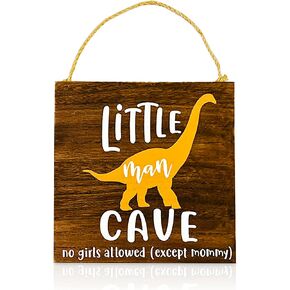 HnJOY Little Man Cave - Dinosaur Wood Wall Decor - Boys Room Decoration - Nursery Decor for Boys Gift Bedroom - Wooden Door Hanging Wall Plague