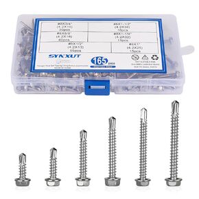 Synxut 165 Pcs #8 Self Tapping Drilling Screws Assortment Kit, Hexagon Head, Stainless Steel Screws for Metal Wood Furniture Construction