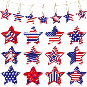 24 Pcs Independence Day Hanging Ornaments Red White Blue Star Ornament with Ropes USA Flag Hanging Decoration Star Shaped Crafts Pendant for 4th of July American Holiday Party Supplies