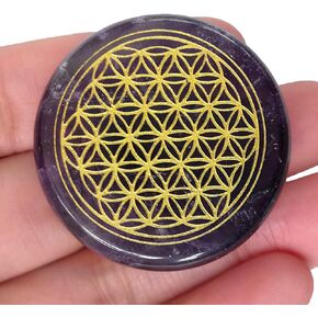 Natural Amethyst Flower of Life Engraved Healing Crystal Chakra Balancing and Positive Energy Generator Palm Pocket Stone