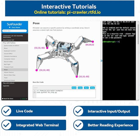 مجموعة روبوت SunFounder PiCrawler AI لـ Raspberry Pi، وقبعة الروبوت، ووحدة الكاميرا، والروبوتات الإلكترونية متعددة الوظائف للأطفال والكبار، وجهاز التحكم عن بعد بواسطة الهاتف المحمول والكمبيوتر اللوحي in Kuwait