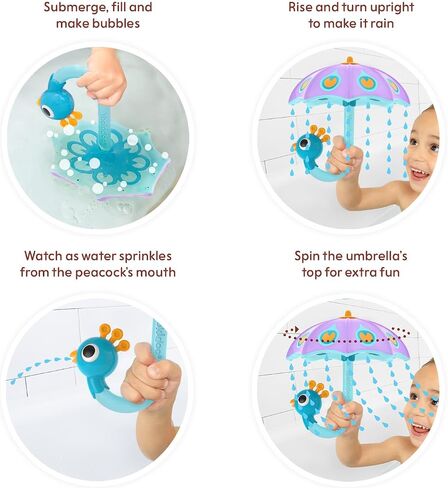 Yookidoo Baby Bath Toy (Ages 1-3) Green Peacock Umbrella Water Sprinkler with 3 Moving Pieces (Mold Free) - Fill with Water for Bubbles, Spinning & Sprinkler Effects - Toddler Bath Time & Pool Fun in Saudi Arabia