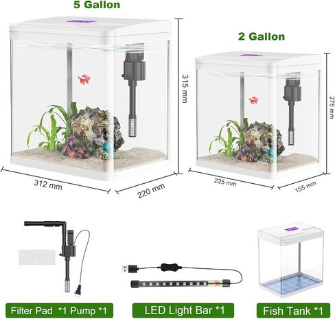 2 Gallon Glass Small Fish Tank Starter Kits - Betta Fish Tank with Filter and Light, Self-Cleaning Fish Tank. in Saudi Arabia