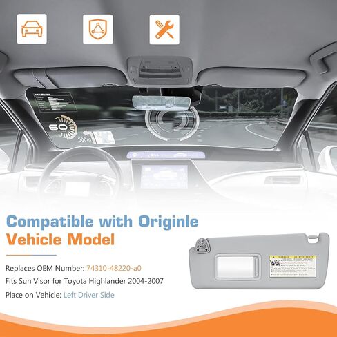 Hurotoms Left Driver Side Sun Visor Without Light for Toyota Highlander 2004 2005 2006 2007 Gray Visor Assembly, Replacement 74310-48220-A0 in Saudi Arabia