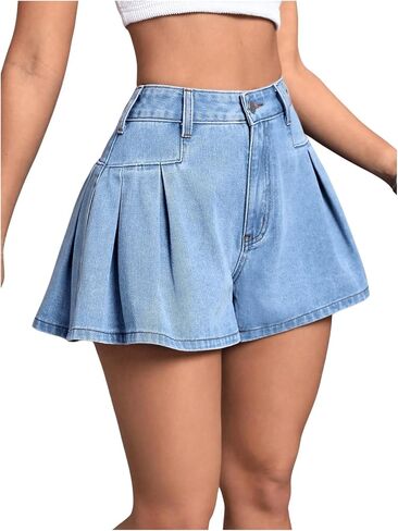 MakeMeChic Women's Pleated High Waist Denim Shorts Mini Skorts Casual Loose Fit Wide Leg Jean Shorts Skirt in Saudi Arabia