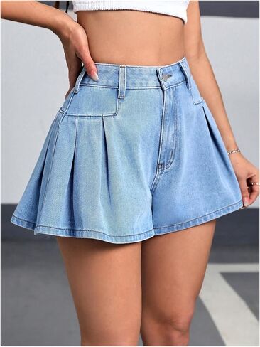 MakeMeChic Women's Pleated High Waist Denim Shorts Mini Skorts Casual Loose Fit Wide Leg Jean Shorts Skirt in Saudi Arabia