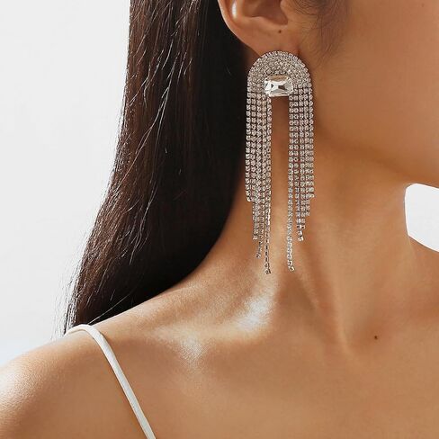 Big Chain Tassel Rhinestone Statement Drop Earrings for Women Teen Girls,Sparkly Gold Silver Long Fringe Crystals Dangle Earrings Party Jewelry Gifts in Saudi Arabia