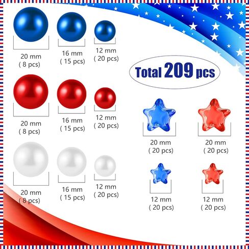 209 قطعة من حشو مزهرية عيد الاستقلال، خرز مزهرية عائمة وطنية متعددة الألوان خرز اللؤلؤ العائم في الرابع من يوليو لديكور الطاولة المركزية للحفلات المنزلية in Kuwait