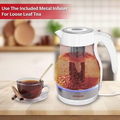2 in 1 Black Infusion Kettle, Boil and Brew with Removable Stainless Steel Tea Infuser, 7 Cup or 1.7 Liter Capacity, LED Indicator Light, Auto-Shutoff & Boil-Dry Protection, Aiwa White in Saudi Arabia