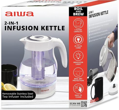 2 in 1 Black Infusion Kettle, Boil and Brew with Removable Stainless Steel Tea Infuser, 7 Cup or 1.7 Liter Capacity, LED Indicator Light, Auto-Shutoff & Boil-Dry Protection, Aiwa White in Saudi Arabia