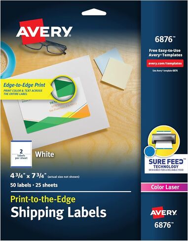 Avery Printable Shipping Labels with Sure Feed, 4.75" x 7.75", White, 50 Blank Mailing Labels (6876) in Saudi Arabia