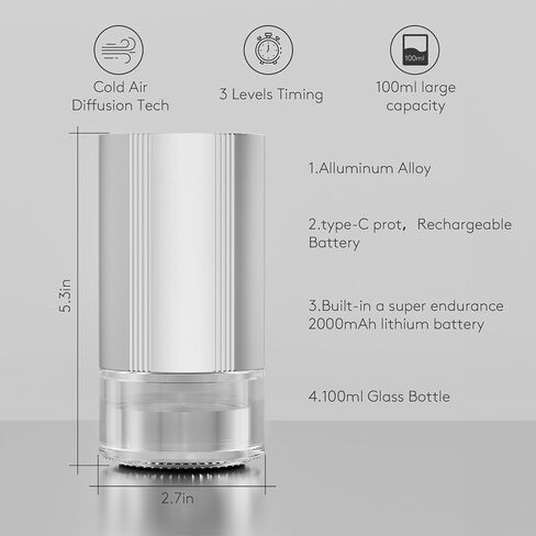 Waterless Diffuser for Essential Oil 100ml Nebulizer Battery Operated,Car Diffuser Super Quiet Cordless, Mini Scent Air Machine Aromatherapy Diffuser 1/2/3H/Continous 3 Mist Level for Home Cars Office in Saudi Arabia