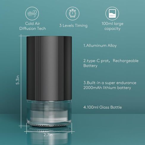 Waterless Diffuser for Essential Oil 100ml Nebulizer Battery Operated,Car Diffuser Super Quiet Cordless, Mini Scent Air Machine Aromatherapy Diffuser 1/2/3H/Continous 3 Mist Level for Home Cars Office in Saudi Arabia