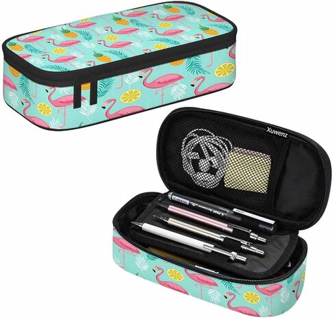 Xuwenz Pink Flamingos Pencil Case Flamingo Exotic Tropical Leaves Pineapples Bird Pencil Bag Pen Markers Pouch Holder Organizer for Boy Girl School Students in Saudi Arabia