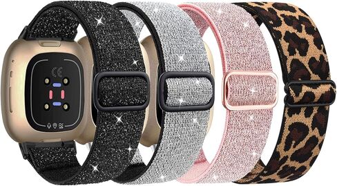 4 Pack Elastic Nylon Bands Compatible with Fitbit Versa 4/Versa 3/Sense 2/Sense, Soft Breathable Replacement Adjustable Stretchy Nylon Loop Wristband Sport Strap for Woman Man in Saudi Arabia