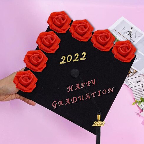 38 قطعة مجموعة زينة قبعة التخرج DIY مجموعة زينة قبعة التخرج من أحجار الراين ملصقات أرقام الحروف ملصقات حجر الراين ملصقات وردة حمراء زهور صناعية طقم تزيين قبعة التخرج لديكورات DIY in Kuwait