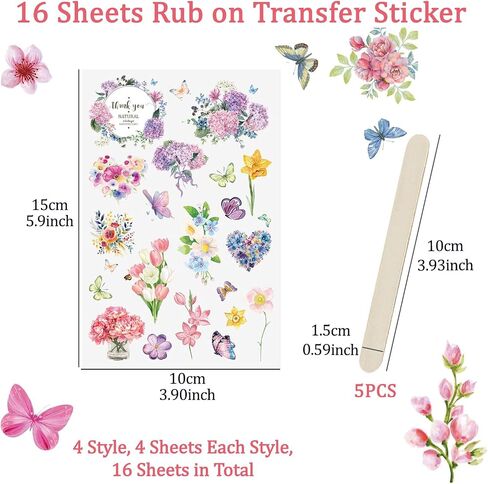 WANDIC 16 Sheets Rub On Transfer Sticker, Butterflies DIY Transfer Decals Waterproof Flowers Scrapbook Stickers for Card Making Greeting Cards Gift Wrapping Home Decoration,4 * 6in in Kuwait
