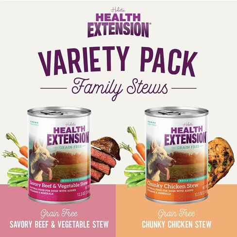 Health Extension Variety Pack of Wet Dog Food Chunky Chicken Stew Canned and Savory Beef & Vegetable Stew Canned - 12.5 Oz / 374g Each, Gluten & Grain-Free, Added Vitamins & Mineral in Kuwait