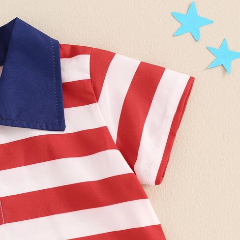 Gueuusu طفل رضيع 4th من يوليو ملابس قصيرة الأكمام زر حتى قميص مجموعة تي شيرتات قصيرة للأطفال العلم الأمريكي الزي شهم الملابس in Kuwait