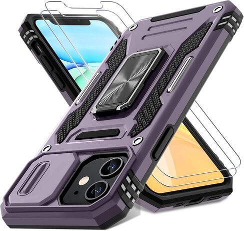 حافظة DEERLAMN لهاتف iPhone 11 مع غطاء كاميرا منزلق + واقي شاشة (عبوتين)، مسند حلقي دوار غطاء واقٍ مقاوم للصدمات بدرجة عسكرية - أخضر زيتوني in Kuwait