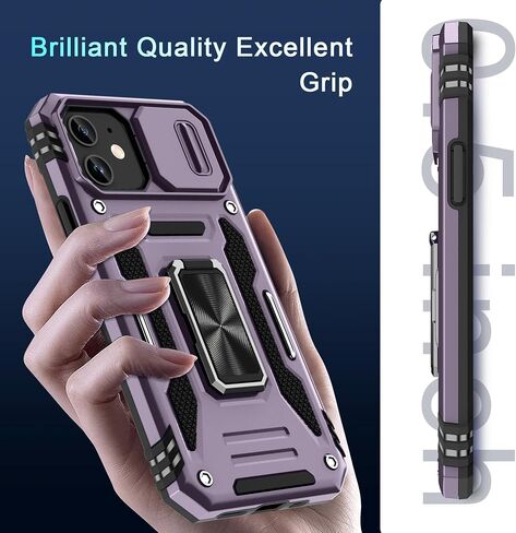 حافظة DEERLAMN لهاتف iPhone 11 مع غطاء كاميرا منزلق + واقي شاشة (عبوتين)، مسند حلقي دوار غطاء واقٍ مقاوم للصدمات بدرجة عسكرية - أخضر زيتوني in Kuwait