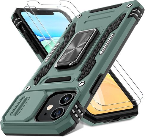 حافظة DEERLAMN لهاتف iPhone 11 مع غطاء كاميرا منزلق + واقي شاشة (عبوتين)، مسند حلقي دوار غطاء واقٍ مقاوم للصدمات بدرجة عسكرية - أخضر زيتوني in Kuwait