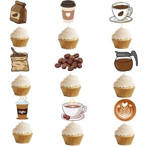 36pcs Coffee Happy Birthday Cupcake Toppers Drink Food Kitchen Theme Cupcake Dessert Muffin Food Cake Picks Baby Shower Boys Girls Happy Birthday Party Supplies