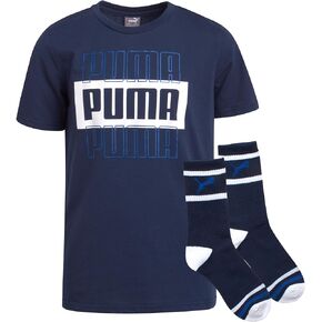 PUMA Boys' T-Shirt - 2 Piece Short Sleeve Graphic Tee and Athletic Crew Socks - Matching Shirt and Socks for Boys (S-XL)