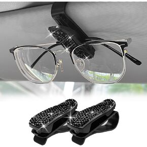 Sunglass Holders for Car Sun Visor, 2 PCS Bling Crystal Rhinestones Glasses Clip Eyeglasses Hanger Mount with Ticket Card Clip for Women Girls (Black)