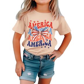 CM C&M WODRO Toddler Kid Girl 4th of July Shirt America Letter Print Patriotic T-Shirt American Flag Bow Graphic Tee Tops