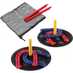 WIn SPORTS Outdoor Indoor Rubber Horseshoes Set Includes 4 Horseshoes,2 Pegs,2 Rubber Mats,2 Red Plastic dowels,Beach Games Perfect for Tailgating,Camping,Backyard,Fun for Kids Adults