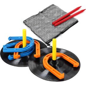 WIn SPORTS Outdoor Indoor Rubber Horseshoes Set Includes 4 Horseshoes,2 Pegs,2 Rubber Mats,2 Red Plastic dowels,Beach Games Perfect for Tailgating,Camping,Backyard,Fun for Kids Adults
