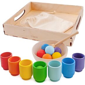 Ulanik Rainbow Balls in Cups Toddler Montessori Toys for 1+ Year Old Kids Wooden Matching Game for Learning Color Sorting and Counting — 7 Balls, 1.18 in