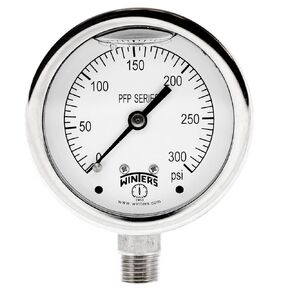 Winters PFP Series Premium Stainless Steel 304 Single Scale Liquid Filled Pressure Gauge, 0-300 psi, 2-1/2" Dial Display, +/-1.5% Accuracy, 1/4" NPT Bottom Mount