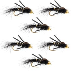 The Fly Fishing Place Tungsten Bead Head Nymph Fly Fishing Flies - Rubber Legs Black Gold Ribbed Hare's Ear Trout Fly - Nymph Wet Fly - 6 Flies Hook Size 12