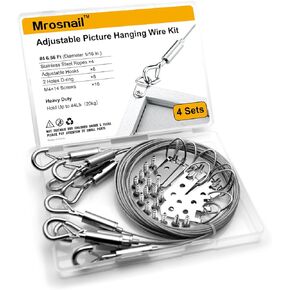 Mrosnail 4Pcs Adjustable Picture Hanging Wire Kit - 2m x 1.5mm Heavy Duty Stainless Steel Wire Rope with D Rings, Holds Up to 44lbs (20kg) - Versatile for Mirrors, Frames, Lamps & More