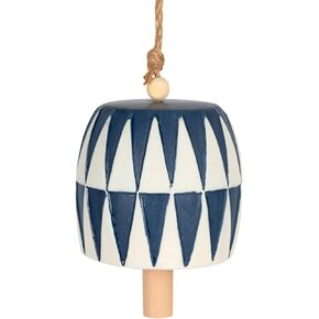 Carson 12.5" Navy and White Triangles Ceramic Bell - Stoneware Decorative Bell for Navy Blue Home Decor - Triangle Home Decor