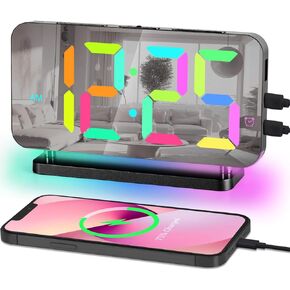 Poeroa RGB Digital Alarm Clock,7.4 in LED Desk Clock with Night Light,USB C Charger Port,Auto Dimming,Acrylic Mirror Clock for Teens Girl Adults Bedroom Decor - Pink