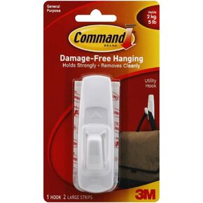 3M : Scotch Command Removable Adhesive Utility Hook, 5-lb Capacity, Plastic, White -:- Sold as 2 Packs of - 1 - / - Total of 2 Each