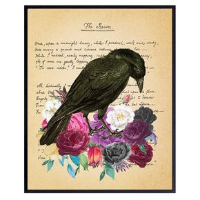 Edgar Allan Poe Gifts - The Raven - Gothic Living Room Decor - Medieval Decor - Wicca, Wiccan, Witchcraft, Occult - Goth Wall Art - Creepy Poster for Bedroom - Crow, Black Roses, Flowers Picture