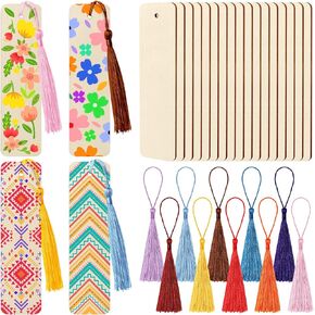 Ira Pollitt 50 PCS Unfinished Wood Bookmark with 50 PCS Colorful Tassels Wooden Blank Bookmarks Ornament Wooden Bookmarks DIY Bookmarks for DIY Crafts Christmas Birthday Party (4.8 x 1.3 Inch)