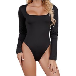 Women's Square Neck Long Sleeve Fashion Sexy Tight Bodysuit
