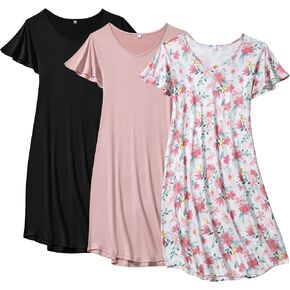 3 Pack Women's Nightgown Short Sleeve Sleepshirts V Neck Print Nightshirts for Women Sleepwear