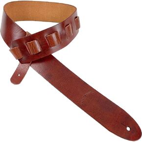 Walker & Williams S-02 Heavy Textured Whiskey Brown Full Grain Extra Thick Soft Italian Leather Rugged Finish Guitar Strap For Acoustic, Electric, And Bass Guitars