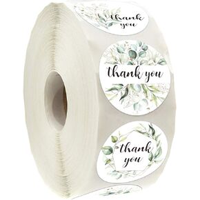 500 Greenery Thank You Label Stickers, Chic Golden Eucalyptus Leaves Wreath Thank You Stickers, 6 Different Designs, 1.4 Inches Round Thank You Stickers Roll, Wedding Favors.