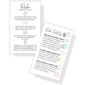 Reiki Aftercare and FAQ Client Cards | 50 Pack | 2 x 3.5" Business Cards for Practitioners to give After Session White with Chakra Symbols Spiritual Healing Massage Therapy What to Expect from Reiki