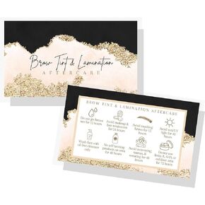 Brow Tint and Lamination Aftercare Instruction Cards | 50 Pack | Gold Pink Watercolor Foil for Kit Henna Client Cards Eyebrow Kit Handout with Intake Forms Business Card 2x3.5" Each
