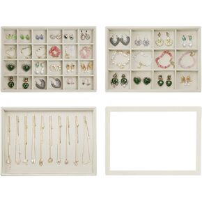 Wudygirl Jewelry Organizer Set of 4 Jewelry Box Velvet Jewelry Tray Jewelry Drawer Organizer Inserts Bracelet Necklace Organizer Ring Holder with Clear Lid for Women Girls Stackable (Beige)