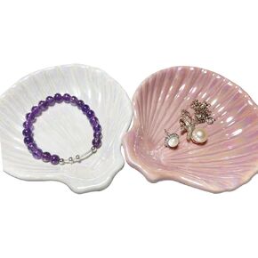 Gintison 2 PCS Ceramic Shell Jewelry holder Ring/Earring/Necklace Dish Tray Coastal Beach Seashell décor, White and Pink Decorative Jewelry Organizer